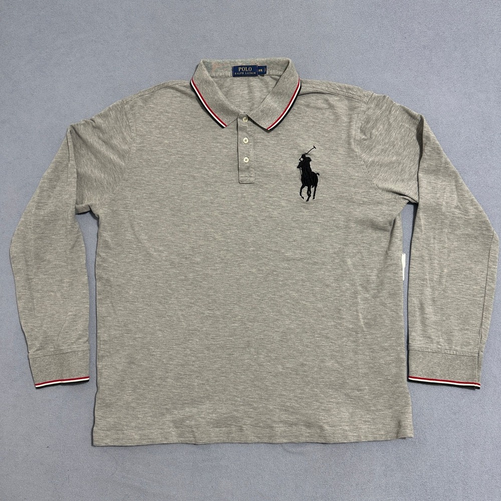 Polo Ralph Lauren Big Pony Polo Shirt Tipped Collar Long Sleeve Gray Mens XXL